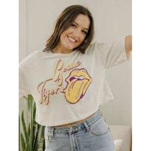 Rolling Stones Geaux Tigers LSU Crop Top White Purple Yellow Livy Lu Small